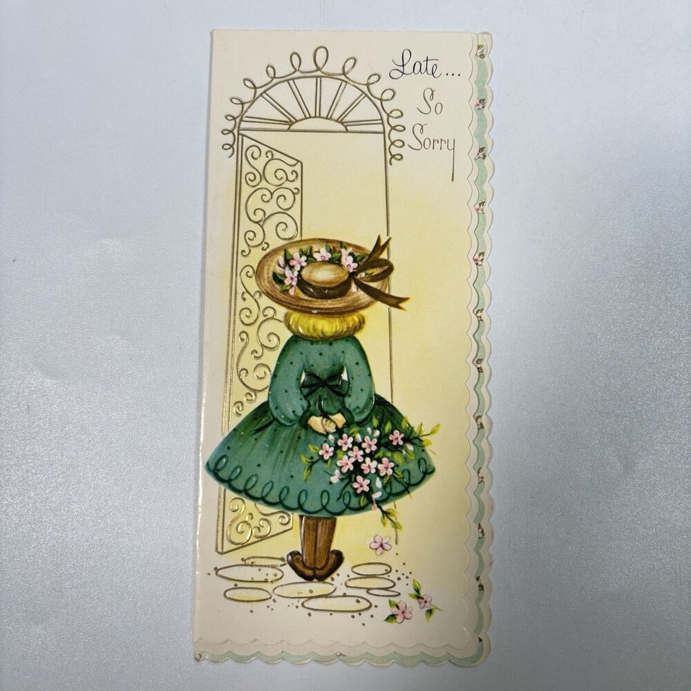 Vintage Golden Lustre Belated Birthday Greeting Card Scalloped Edge MCM Decor